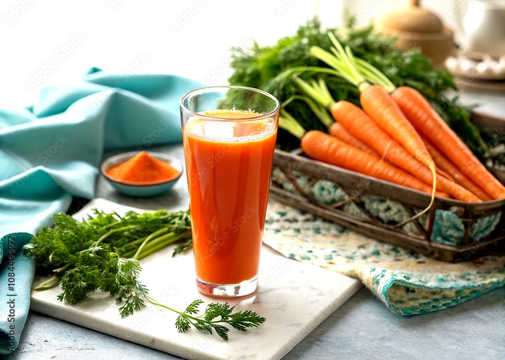 Refreshing Glass of Carrot Juice with Vibrant Colors and Stylish Presentation in a Chic Setting, Perfect for Health and Wellness Lifestyle Photography Refreshing Glass of Carrot Juice with Vibrant Colors and Stylish Presentation in a Chic Setting, Perfect for Health and Wellness Lifestyle Photography