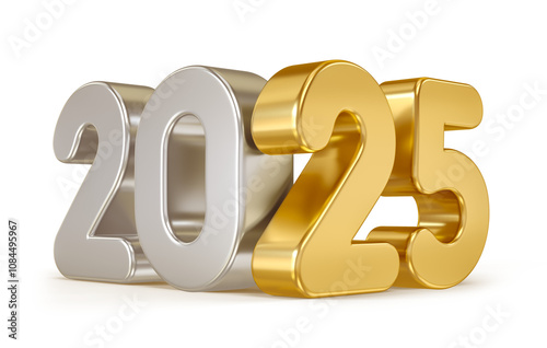 2025 Gold and Silver Numbers in 3D Render for New Year Celebrations with transparent background photo