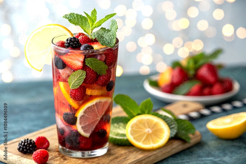 Refreshing Mixed Fruit Drink in a Glass with Mint Garnish, Showcasing Vibrant Berries, Lemon Slices, and a Variety of Fruits in a Bokeh Effect Background Refreshing Mixed Fruit Drink in a Glass with Mint Garnish, Showcasing Vibrant Berries, Lemon Slices, and a Variety of Fruits in a Bokeh Effect Background