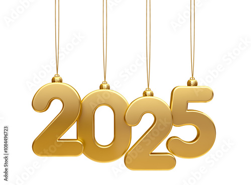 2025 Hanging Gold Numbers in 3D Render with transparent background