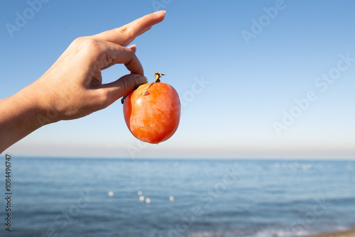 ripe persimmon in a woman hand against the backdrop of the sea.