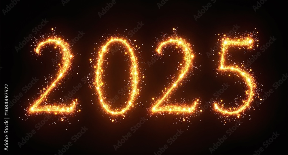 New Year celebration with sparkling fireworks forming the number 2025 illuminating a dark background during midnight festivities New Year celebration with sparkling fireworks forming the number 2025 illuminating a dark background during midnight festivities