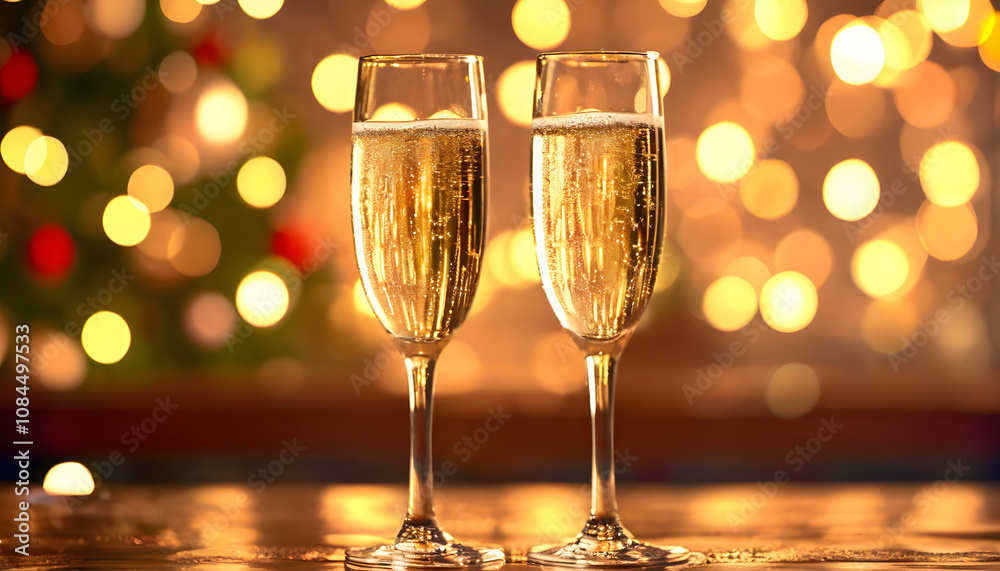 Champagne glasses clinking in a festive atmosphere with sparkling bokeh background for a celebration Champagne glasses clinking in a festive atmosphere with sparkling bokeh background for a celebration
