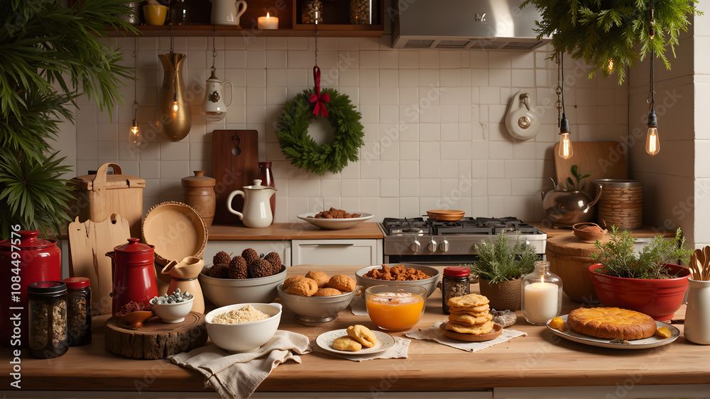 Fototapeta premium Festive kitchen with a variety of homemade treats and drinks on a wooden countertop in a warm atmosphere