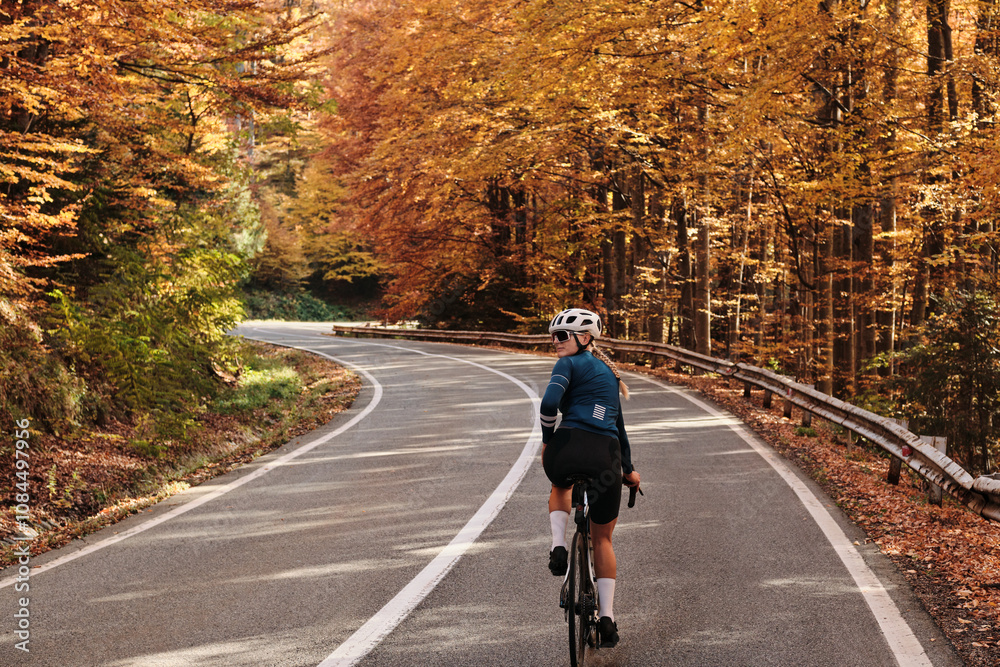 Obraz premium Woman cyclist rides a road bike through a scenic autumn forest. Vibrant fall foliage lines a winding road. Perfect for travel, sports, and nature themes. Transfăgărășan. Romania