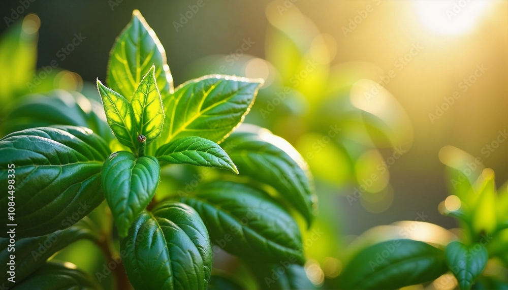 Obraz premium Lush green mint leaves basking in warm sunlight inside a cozy indoor garden during a serene afternoon