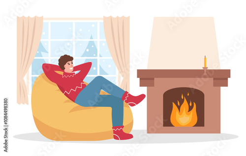 Happy man sitting in bean bag chair next to fireplace. Cozy Winter at home. Snowy winter season, cold weather concept. Male Character. Vector illustration isolated on white background.