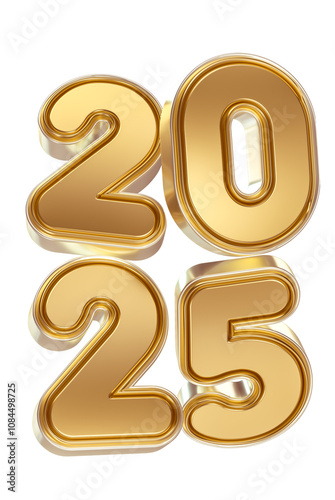 2025 Stacked Gold Numbers in 3D Render for Creative Holiday Decor with transparent background