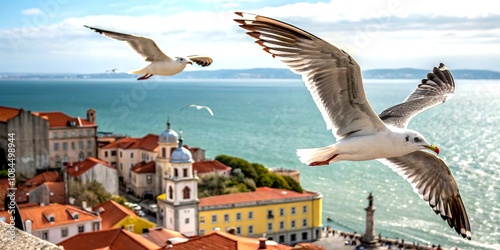 Seagulls in Slow Motion Over Lisbon's Historic District by the Sea, Capturing the Beauty of Nature and Urban Life in a Serene Coastal Setting