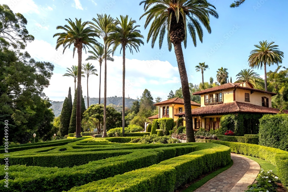 Fototapeta premium Serene Architectural Photography of a House Enveloped by Lush Hedges, Towering Trees, and Graceful Palm Trees in a Tranquil Garden Setting
