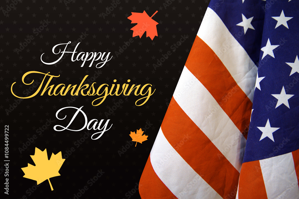 Fototapeta premium Happy Thanksgiving Day Wallpaper with American flag on the side. Thanksgiving greetings backdrop with leafs and flag