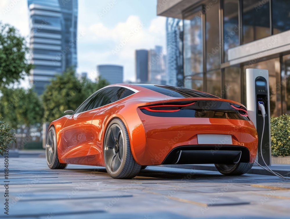 Fototapeta premium EV electric car charging battery at a charge station on a futuristic city street. - Renewable energy concept - Copy space