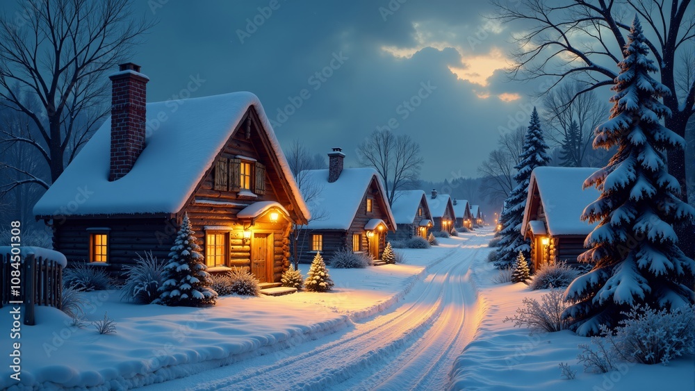 Cozy winter evening in a snow-covered village with warmly lit cabins and serene surroundings Cozy winter evening in a snow-covered village with warmly lit cabins and serene surroundings