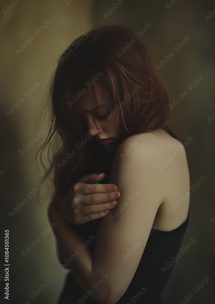 Obraz premium A young woman stands, hugging herself, creating a sense of warmth and self-acceptance. Her head is bowed, and her hair partially covers her face, adding a touch of mystery and melancholy to the scene