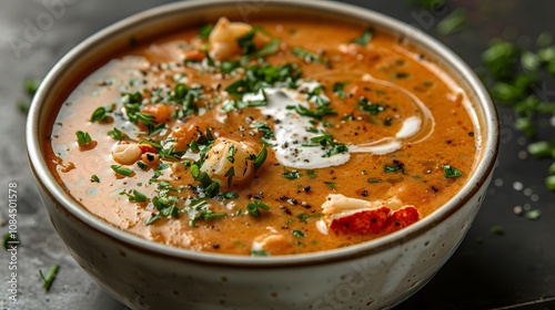 Seafood bisque with shrimp and herbs served in a ceramic bowl on a dark textured background. Gourmet soup concept for culinary and dining themes.
