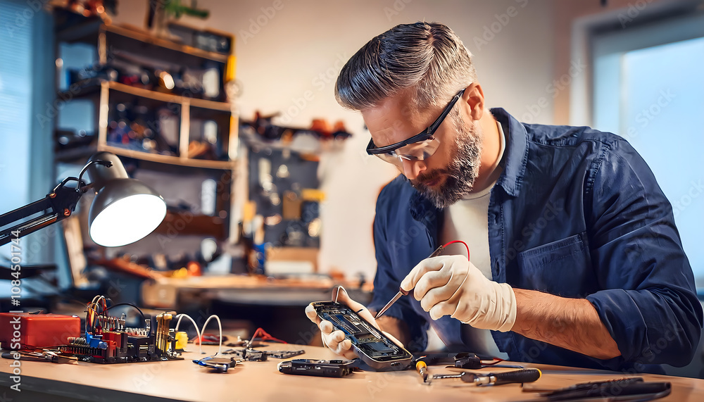 A technical service man is working on a smartphone with a white glove in a workshop A technical service man is working on a smartphone with a white glove in a workshop
