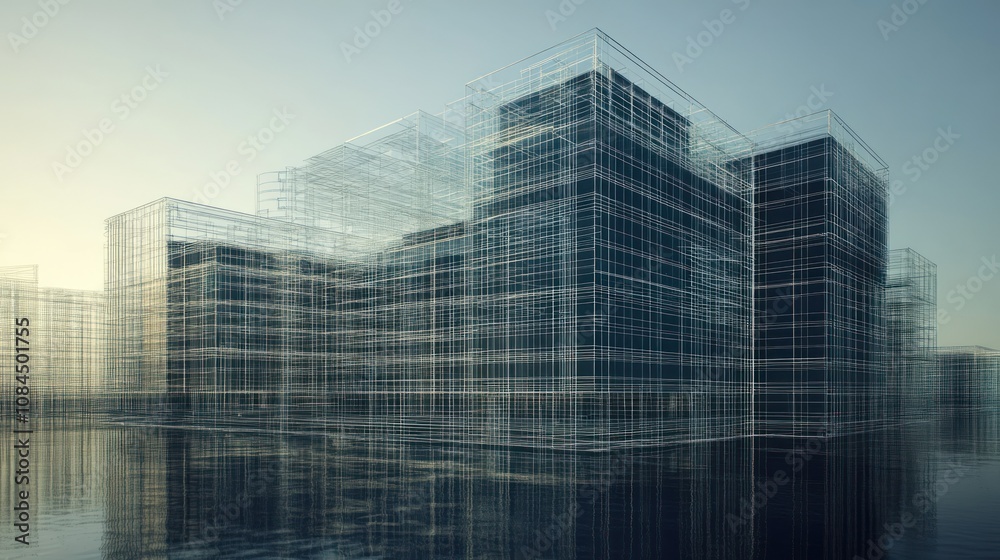 A futuristic cityscape featuring transparent, modern buildings reflected in water.