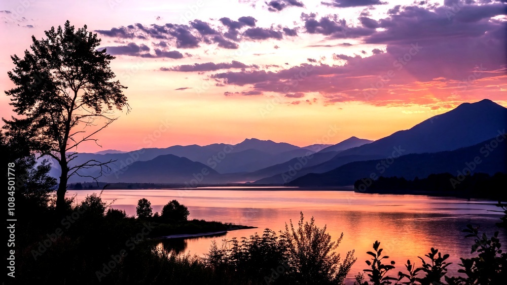 Fototapeta premium Serene Silhouette of a Tranquil Sunset: Embracing the Essence of Relaxation in Nature's Embrace with Lush Landscapes and Calming Skylines
