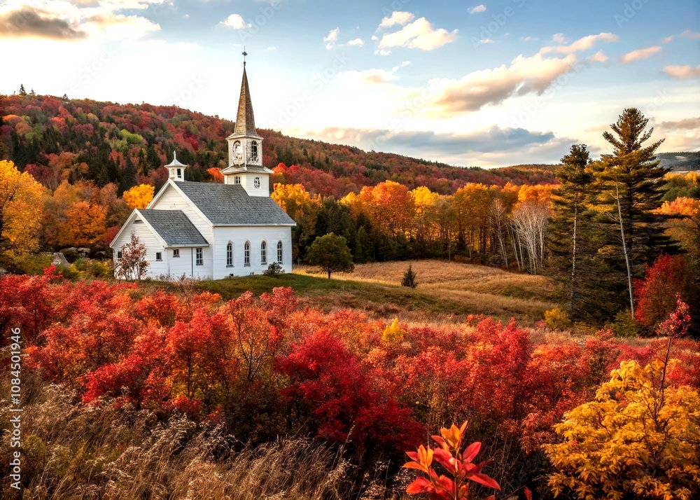 Naklejka premium Serene Small Country Church Embraced by Vibrant Autumn Foliage in a Rustic Landscape, Evoking Simplicity, Peace, and Deep Faith Amidst Nature's Beauty
