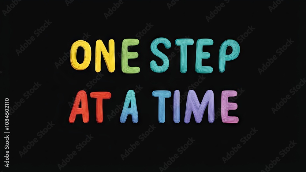 Motivational phrase “One step at a time” on a black background written in cheerful colorful letters Motivational phrase “One step at a time” on a black background written in cheerful colorful letters