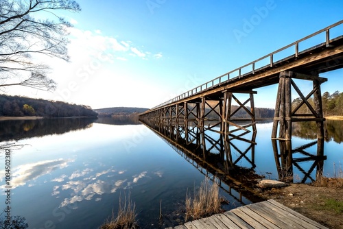 Serene View of an Old Wooden Trestle Bridge Over a Tranquil Pennsylvania Lake Beneath Clear Blue Skies