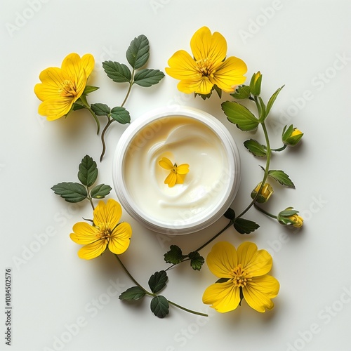 top view photo of opened cosmetic white cream jar with Potentilla matsumurae yellow flower on the side isolated on a white background photo