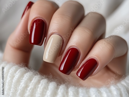 Product photo of a woman’s hand with nails painted individually in beige and red nail polish photo