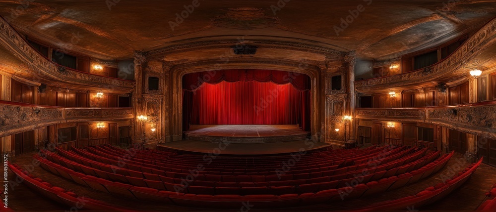 Obraz premium A vintage theater interior showcasing a red curtain stage and ornate seating.