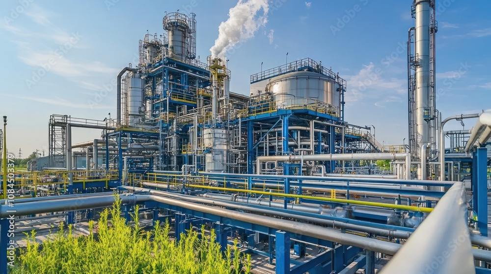 Industrial facility with pipes and smokestacks under a clear blue sky. Industrial facility with pipes and smokestacks under a clear blue sky.