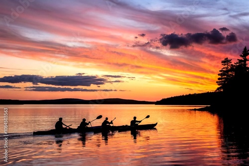 Silhouette of a Kayaking Foursome in Action Against a Sunset Background with Ample Copy Space for Text, Perfect for Adventure and Outdoor-Themed Designs