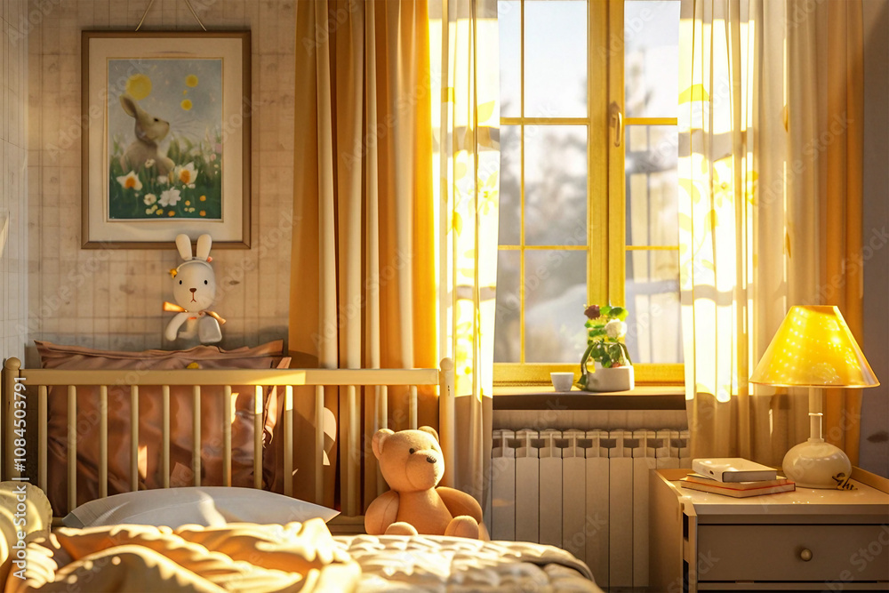 A sunny yellow, light-filled bedroom with a crib, teddy bear, stuffed rabbit, and window. Kids room design. A sunny yellow, light-filled bedroom with a crib, teddy bear, stuffed rabbit, and window. Kids room design.
