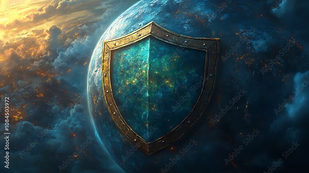 Fototapeta premium A large golden shield protects a glowing blue planet Earth with cityscape lights against a dramatic sky.
