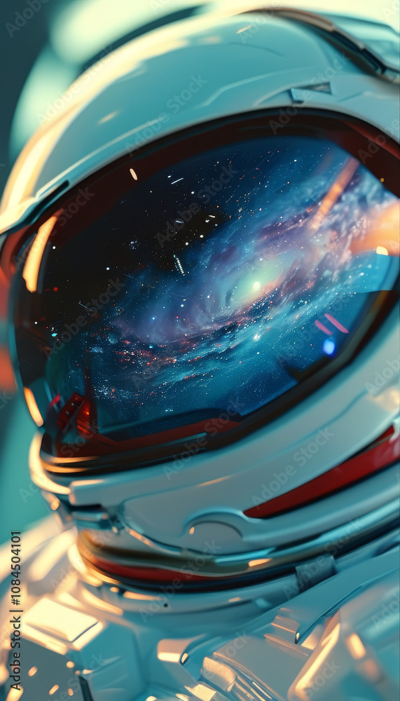 space, close-up of the front of a space suit helmet astronaut, beautiful galaxy reflected on the helmet, soft light reflection, vibrant colouration, science fiction, future space technology, high tech space, close-up of the front of a space suit helmet astronaut, beautiful galaxy reflected on the helmet, soft light reflection, vibrant colouration, science fiction, future space technology, high tech