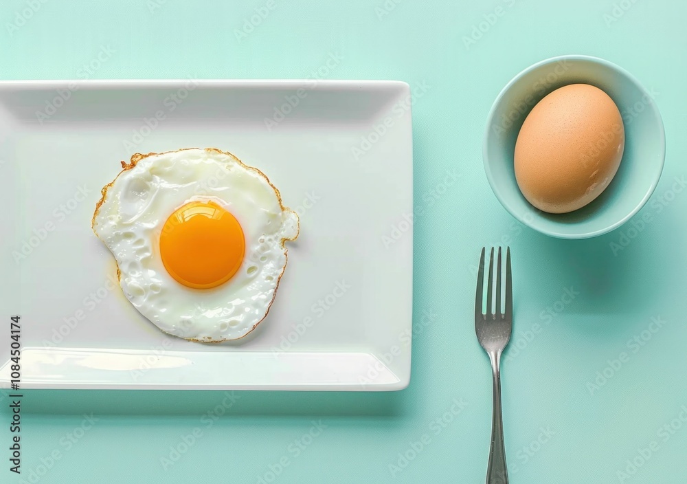 Fried egg on a white plate with a whole egg in a turquoise bowl, arranged aesthetically on a pastel background, perfect for food related themes and breakfast concepts Fried egg on a white plate with a whole egg in a turquoise bowl, arranged aesthetically on a pastel background, perfect for food related themes and breakfast concepts