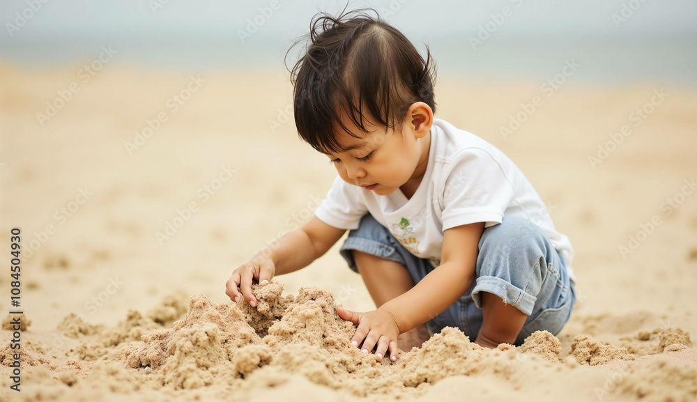 Young child playing in the sand on the beach, exploring and having fun
Young child playing in the sand on the beach, exploring and having fun