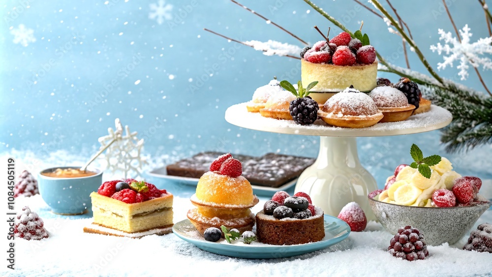 Obraz premium Snow-Covered Gourmet Delights on a Serene Blue Background: Captivating Food Photography Showcasing Seasonal Treats Amidst Gentle Falling Snowflakes