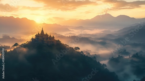 A serene landscape featuring the temple perched on a hilltop, surrounded by misty mountains at dawn.