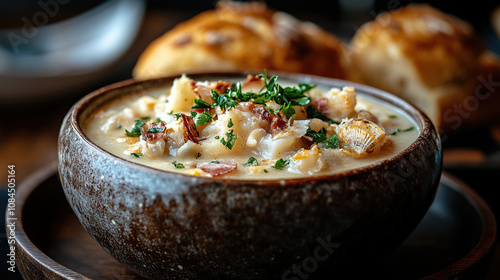 A bowl of creamy clam chowder served in a bread bowl, presented on a dockside table with fishing boats in the background, captured in food photography style. photo