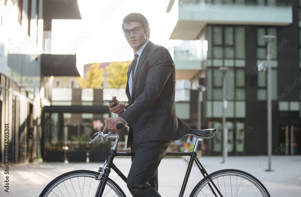 Handsome young business man with his modern bicycle. Handsome young business man with his modern bicycle.