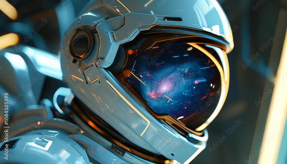 space, close-up of the front of a space suit helmet astronaut, beautiful galaxy reflected on the helmet, soft light reflection, vibrant colouration, science fiction, future space technology, high tech space, close-up of the front of a space suit helmet astronaut, beautiful galaxy reflected on the helmet, soft light reflection, vibrant colouration, science fiction, future space technology, high tech