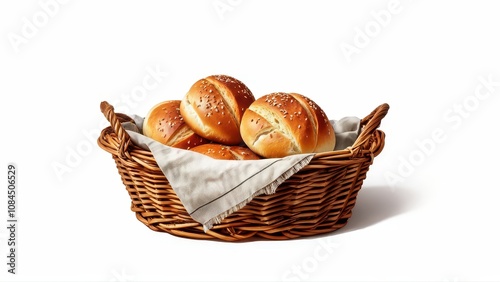 A woven basket filled with freshly baked bread rolls on a linen cloth.