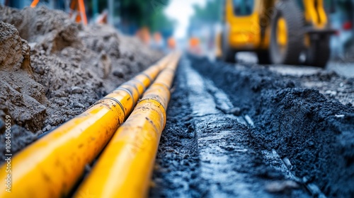 Utility pipes being installed during road construction.
