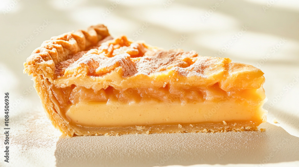Delicious slice of apple pie showing filling and crust sprinkled with icing sugar Delicious slice of apple pie showing filling and crust sprinkled with icing sugar