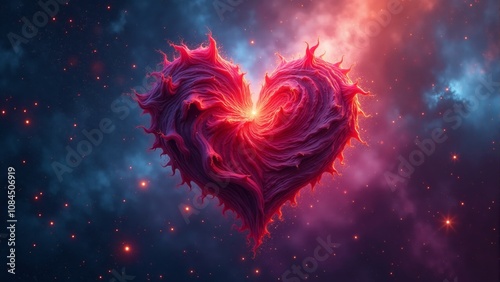 A vivid cosmic heart glowing in swirling clouds under starlit skies at twilight