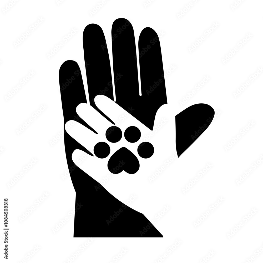 black and white logo of a palm with a trace of a pet's paw symbolizing care and love for domestic and homeless pets and animal shelters black and white logo of a palm with a trace of a pet's paw symbolizing care and love for domestic and homeless pets and animal shelters