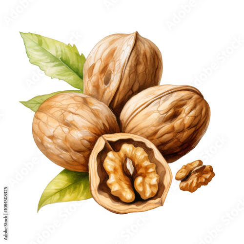 A cluster of walnuts in their shells, with leaves, one cracked open.