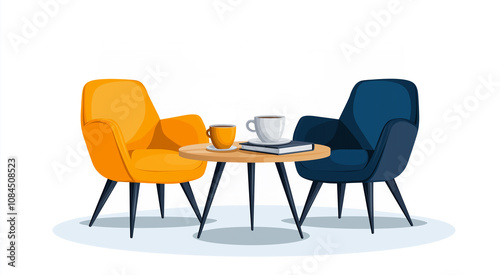 Cozy chairs in vibrant colors with coffee table create relaxing space