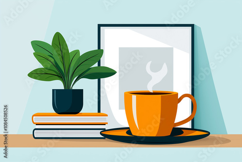 cozy office break area featuring plant, books, and steaming cup