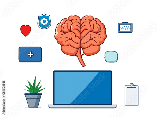 Mental health tips illustrated with laptop and brain graphics