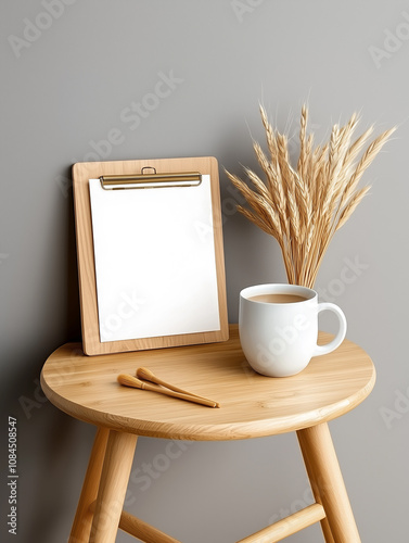 Minimalist wooden clipboard with cup and dried wheat on table